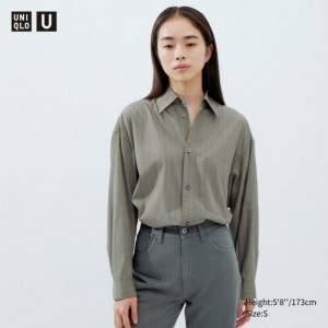 Women Uniqlo Draped Striped Long-Sleeve Shirts Olive | 6509373