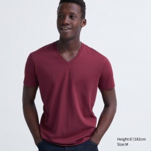 Women Uniqlo Dry Color V-Neck Short-Sleeve T Shirts Red | 6262217