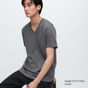 Women Uniqlo Dry Color V-Neck Short-Sleeve T Shirts Grey | 6140481