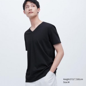 Women Uniqlo Dry Color V-Neck Short-Sleeve T Shirts Black | 7341647