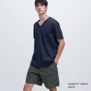 Women Uniqlo Dry Color V-Neck Short-Sleeve T Shirts Navy | 9223495