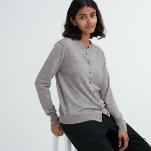Women Uniqlo Extra Fine Merino Crew Neck Cardigan Grey | 5624301