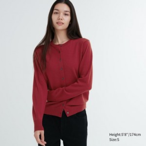 Women Uniqlo Extra Fine Merino Crew Neck Cardigan Red | 3085227
