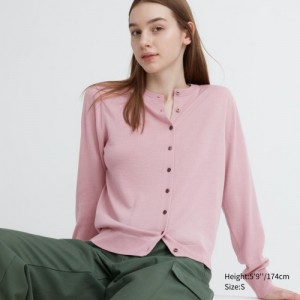 Women Uniqlo Extra Fine Merino Crew Neck Cardigan Pink | 2529736