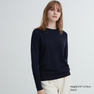 Women Uniqlo Extra Fine Merino Crew Neck Long-Sleeve Sweaters Navy | 9339705