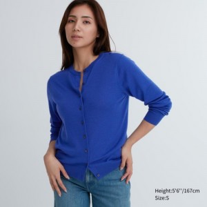 Women Uniqlo Extra Fine Merino Crew Neck Cardigan Blue | 8372372