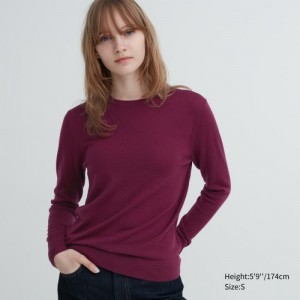 Women Uniqlo Extra Fine Merino Crew Neck Long-Sleeve Sweaters Burgundy | 759532