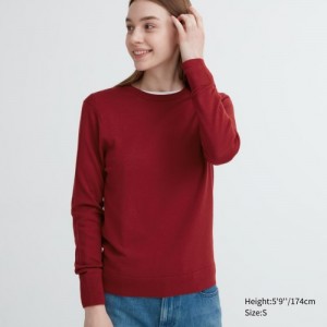Women Uniqlo Extra Fine Merino Crew Neck Long-Sleeve Sweaters Red | 648741