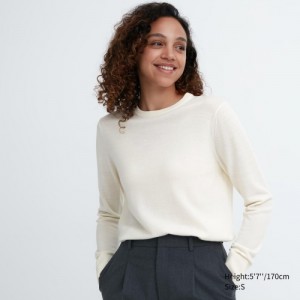 Women Uniqlo Extra Fine Merino Crew Neck Long-Sleeve Sweaters White | 6740275