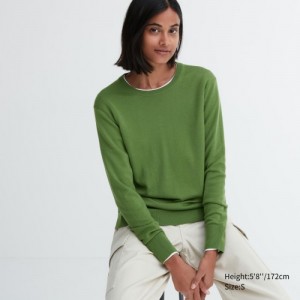 Women Uniqlo Extra Fine Merino Crew Neck Long-Sleeve Sweaters Green | 2190268