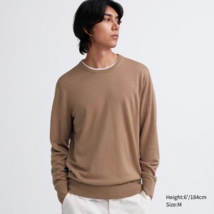 Women Uniqlo Extra Fine Merino Crew Neck Long-Sleeve Sweaters Beige | 9958402