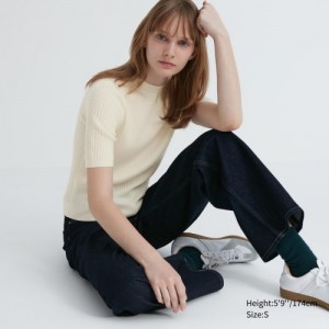 Women Uniqlo Extra Fine Merino Ribbed Mock Neck Half-Sleeve Sweaters White | 1802434
