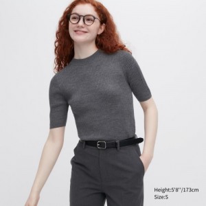 Women Uniqlo Extra Fine Merino Ribbed Mock Neck Half-Sleeve Sweaters Grey | 1853962