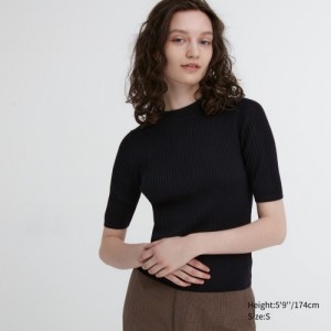 Women Uniqlo Extra Fine Merino Ribbed Mock Neck Half-Sleeve Sweaters Black | 9103865