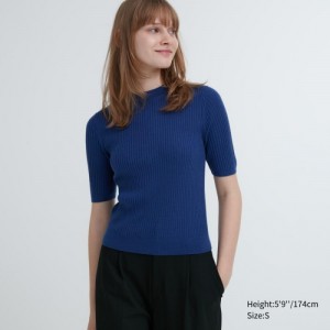 Women Uniqlo Extra Fine Merino Ribbed Mock Neck Half-Sleeve Sweaters Blue | 4788907