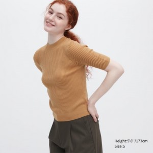 Women Uniqlo Extra Fine Merino Ribbed Mock Neck Half-Sleeve Sweaters Beige | 3950840