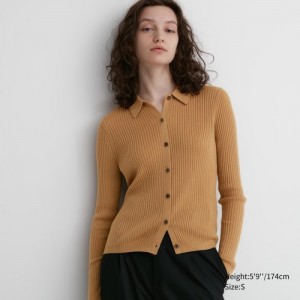 Women Uniqlo Extra Fine Merino Ribbed Polo Cardigan Beige | 1704575