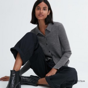 Women Uniqlo Extra Fine Merino Ribbed Polo Cardigan Grey | 538776