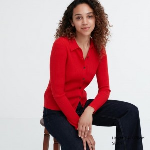 Women Uniqlo Extra Fine Merino Ribbed Polo Cardigan Red | 7949612