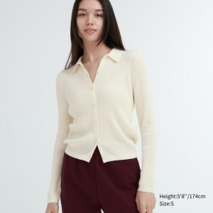 Women Uniqlo Extra Fine Merino Ribbed Polo Cardigan White | 5458555