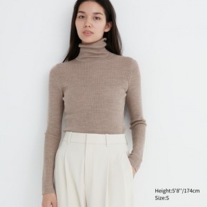 Women Uniqlo Extra Fine Merino Ribbed Turtleneck Long-Sleeve Sweaters Beige | 1764857