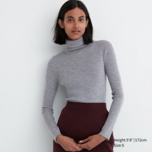 Women Uniqlo Extra Fine Merino Ribbed Turtleneck Long-Sleeve Sweaters Grey | 1169434
