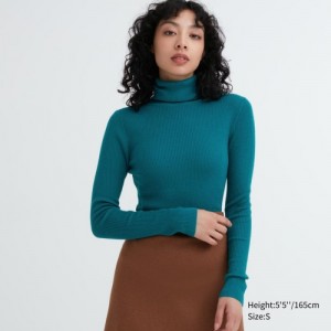 Women Uniqlo Extra Fine Merino Ribbed Turtleneck Long-Sleeve Sweaters Blue | 1656082