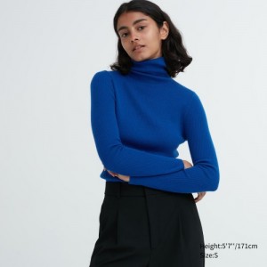Women Uniqlo Extra Fine Merino Ribbed Turtleneck Long-Sleeve Sweaters Blue | 669049