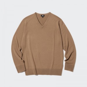 Women Uniqlo Extra Fine Merino V-Neck Long-Sleeve Sweaters Beige | 4991298