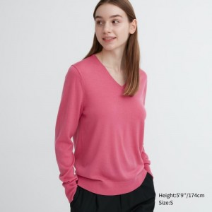 Women Uniqlo Extra Fine Merino V-Neck Long-Sleeve Sweaters Pink | 7864659