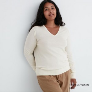 Women Uniqlo Extra Fine Merino V-Neck Long-Sleeve Sweaters White | 6049487