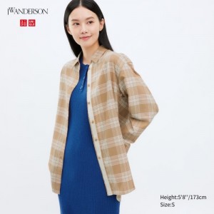 Women Uniqlo Flannel Checked Long-Sleeve Long Shirts Beige | 3749833