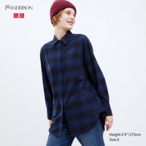 Women Uniqlo Flannel Checked Long-Sleeve Long Shirts Navy | 8781920