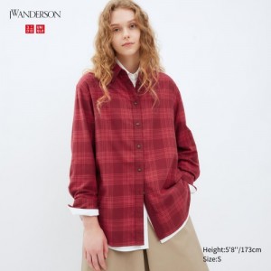 Women Uniqlo Flannel Checked Long-Sleeve Long Shirts Burgundy | 2410616