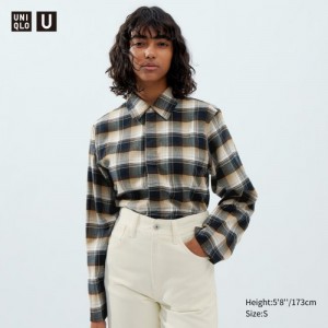 Women Uniqlo Flannel Long-Sleeve Shirts Beige | 3143828
