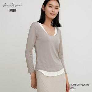 Women Uniqlo HEATTECH Ballet Neck Long-Sleeve Silk Blend T Shirts Grey | 547444