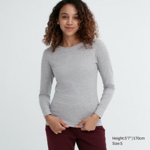 Women Uniqlo HEATTECH Cotton Crew Neck Long-Sleeve T Shirts Grey | 2722284
