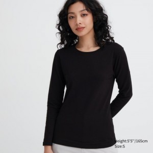 Women Uniqlo HEATTECH Cotton Crew Neck Long-Sleeve T Shirts Black | 8845523