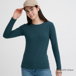 Women Uniqlo HEATTECH Cotton Crew Neck Long-Sleeve T Shirts Green | 3058071