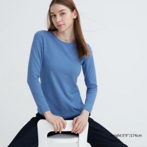 Women Uniqlo HEATTECH Cotton Crew Neck Long-Sleeve T Shirts Blue | 334732