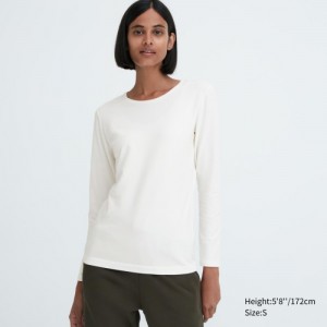 Women Uniqlo HEATTECH Cotton Crew Neck Long-Sleeve T Shirts White | 5919341