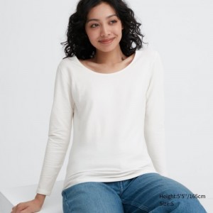 Women Uniqlo HEATTECH Cotton Scoop Neck Long-Sleeve T Shirts White | 2559034