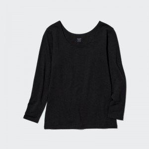 Women Uniqlo HEATTECH Cotton Scoop Neck Long-Sleeve T Shirts Black | 7290181
