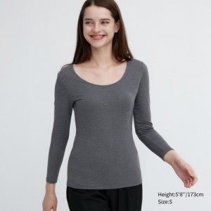 Women Uniqlo HEATTECH Cotton Scoop Neck Long-Sleeve T Shirts Grey | 560043