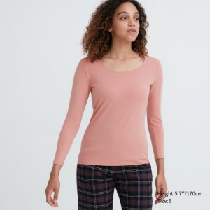 Women Uniqlo HEATTECH Cotton Scoop Neck Long-Sleeve T Shirts Pink | 8063646