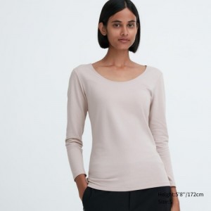 Women Uniqlo HEATTECH Cotton Scoop Neck Long-Sleeve T Shirts White | 1840226