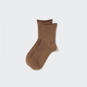 Women Uniqlo HEATTECH Crew Top Roll Socks Brown | 9448699