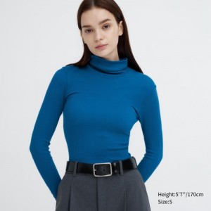 Women Uniqlo HEATTECH Extra Warm Seamless Ribbed Turtleneck Long-Sleeve T Shirts Blue | 9838954