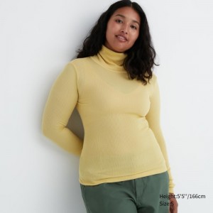 Women Uniqlo HEATTECH Extra Warm Seamless Ribbed Turtleneck Long-Sleeve T Shirts Yellow | 2495559