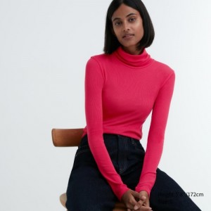 Women Uniqlo HEATTECH Extra Warm Seamless Ribbed Turtleneck Long-Sleeve T Shirts Pink | 7562413